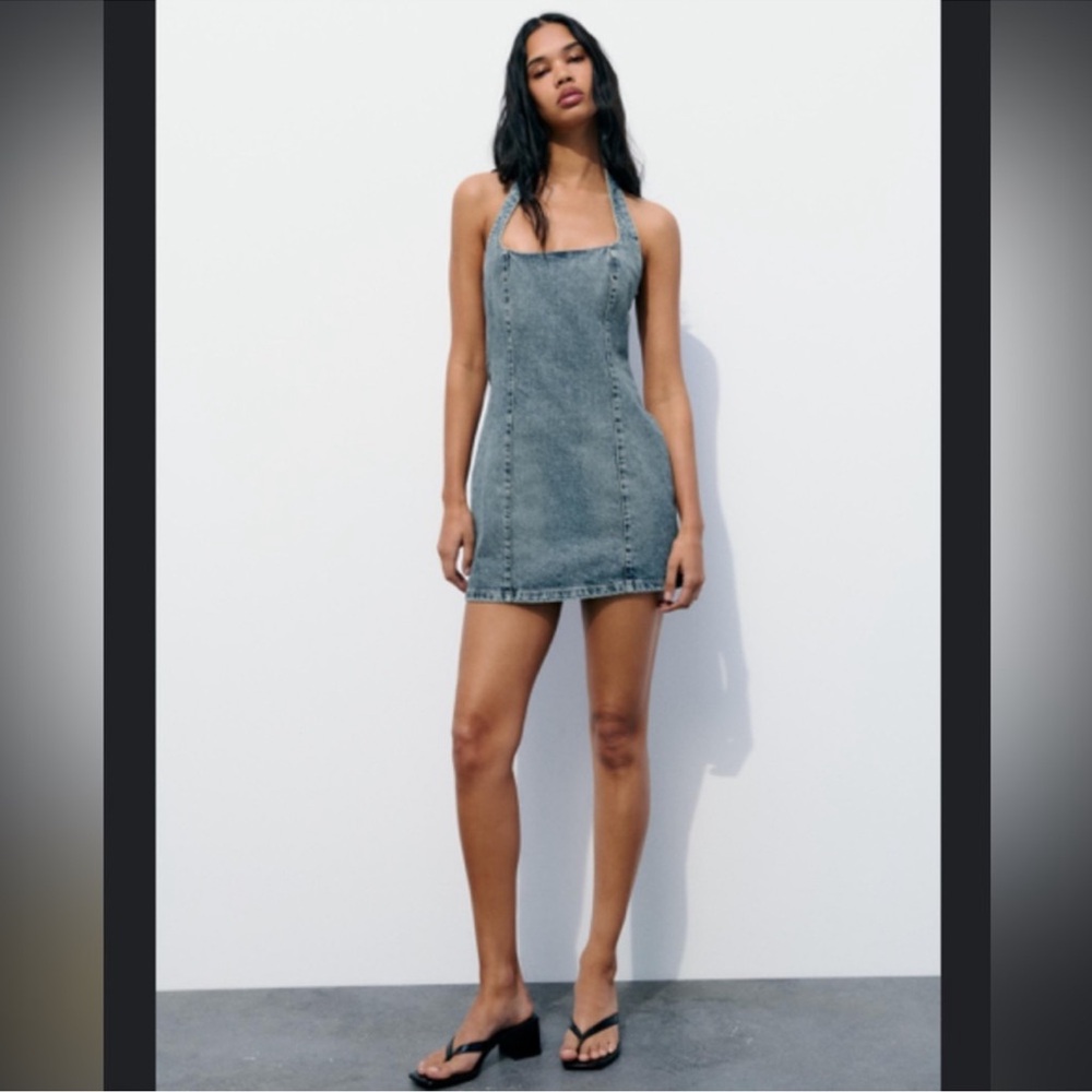 Zara Light Blue Denim Halter Mini Dress - Picture 2 of 2